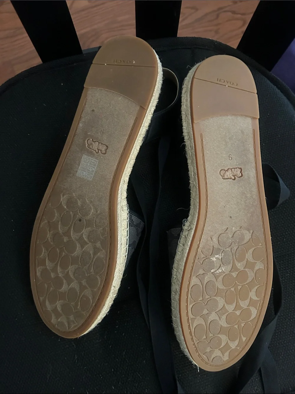 COACH Gray Signature Espadrille with Black Ribbon Ties